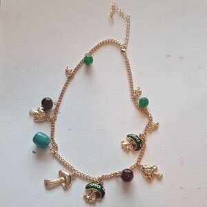 Gold Mushroom Charm Necklace with Green and Brown Accents Nwot